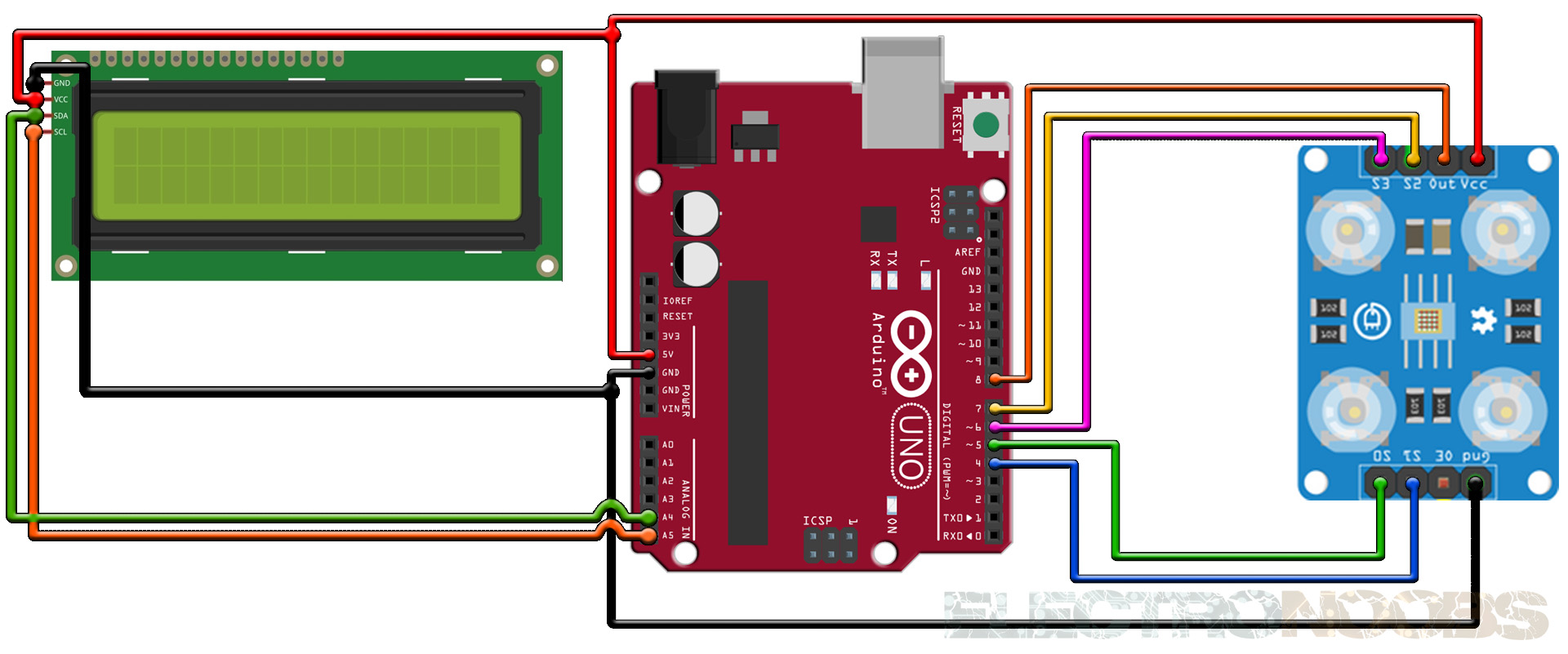 TCS3200 arduino tutorial LCD connections