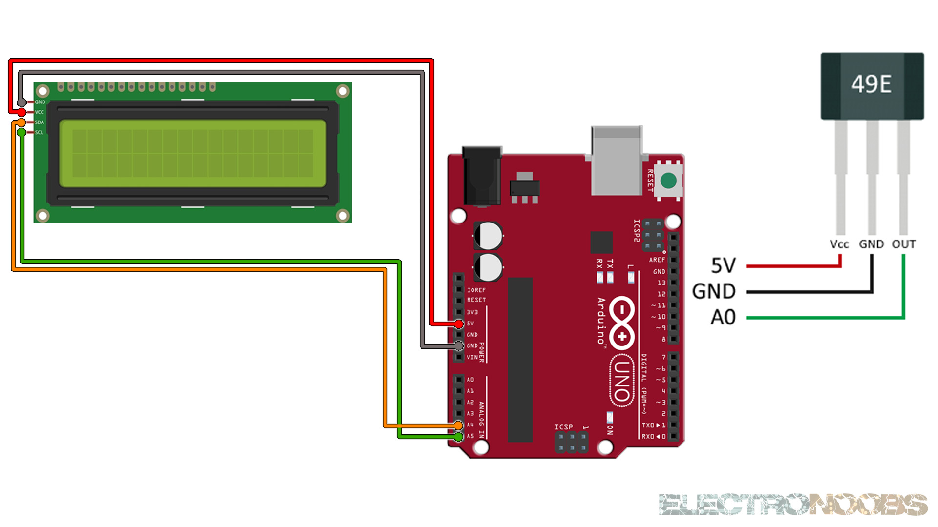 49E hall sensor Arduino connection schematic