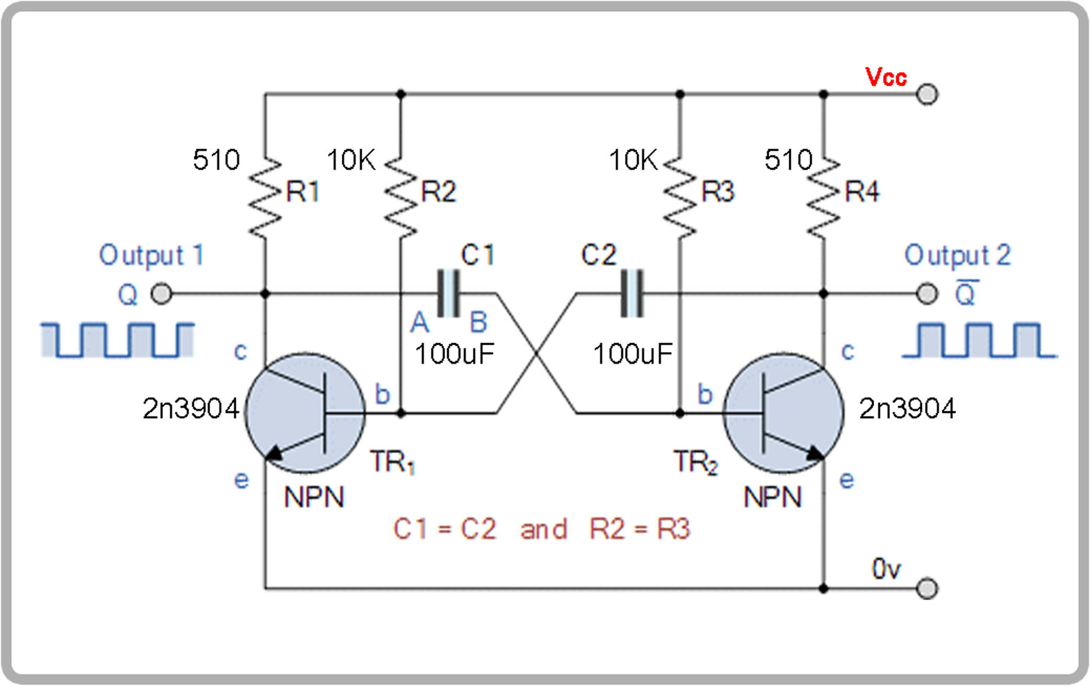 multivibrator RC oscillator scheamtic with values