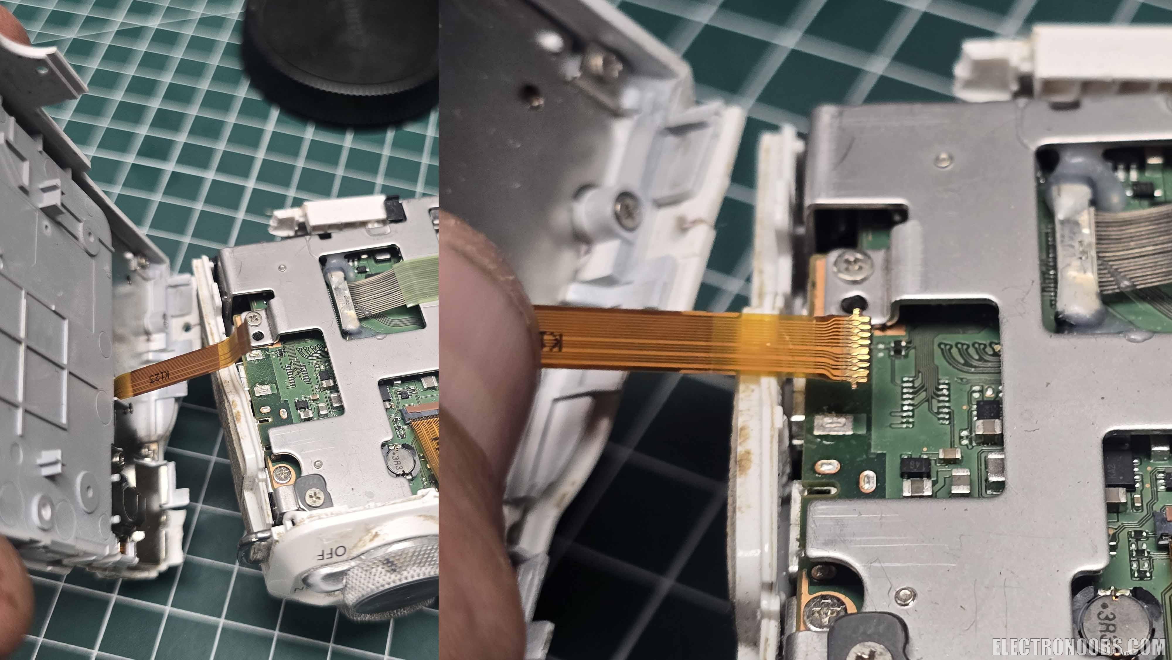 More details of the canon M50 flexible FPC connector of the rear menu controls.