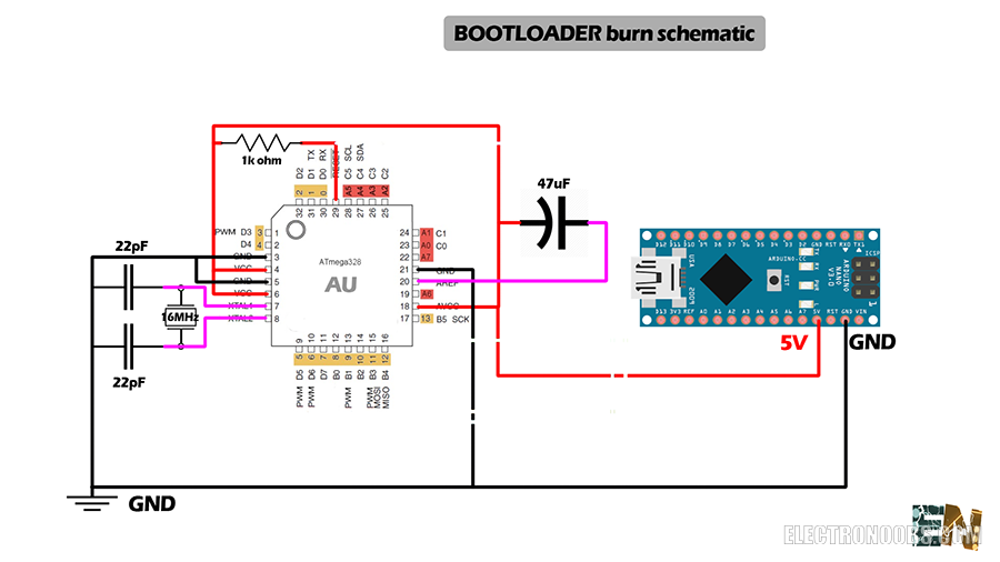 Arduino NANO bootloader burn schematic