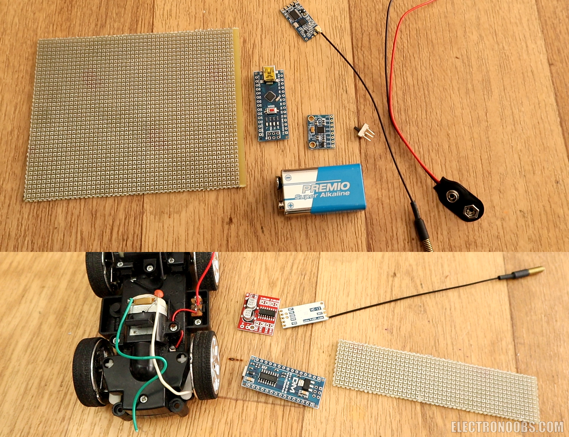 Dual?channel radio controller using MPU6050 IMU and HC12 to steer a toy car via PWM H?bridge.