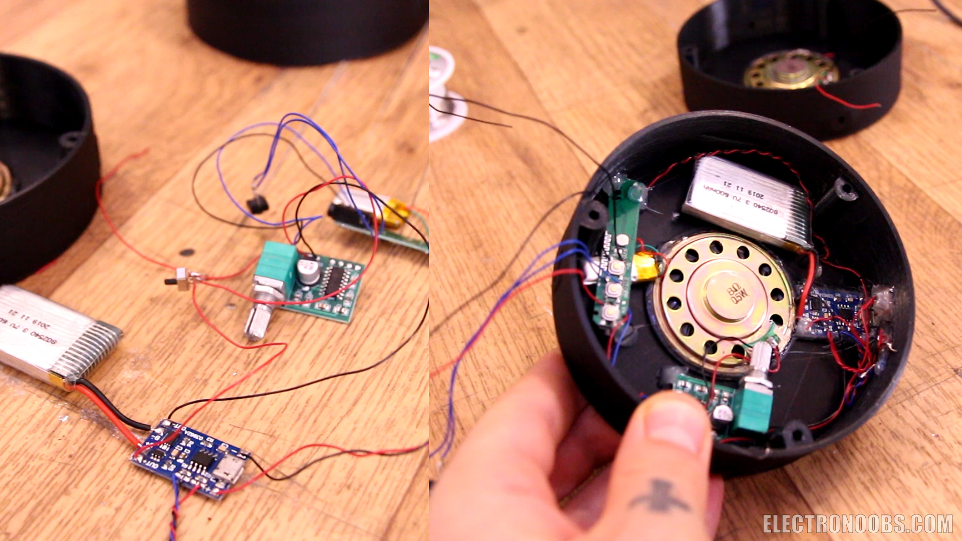 Homemade Bluetooth headphones in a 3?D printed case, showing the circuit and parts list.