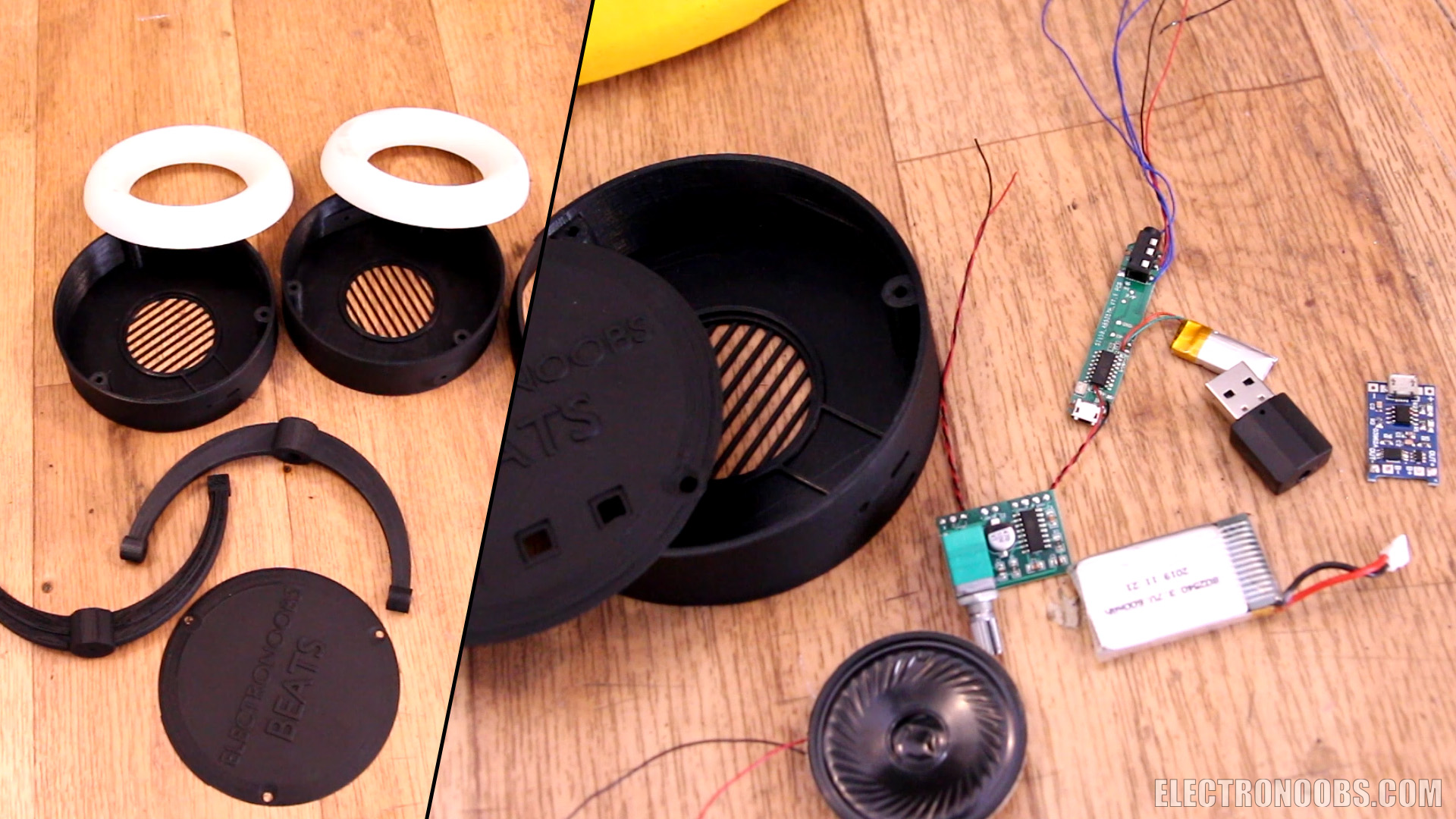 Homemade Bluetooth headphones in a 3D printed case, showing the custom circuit and parts list.