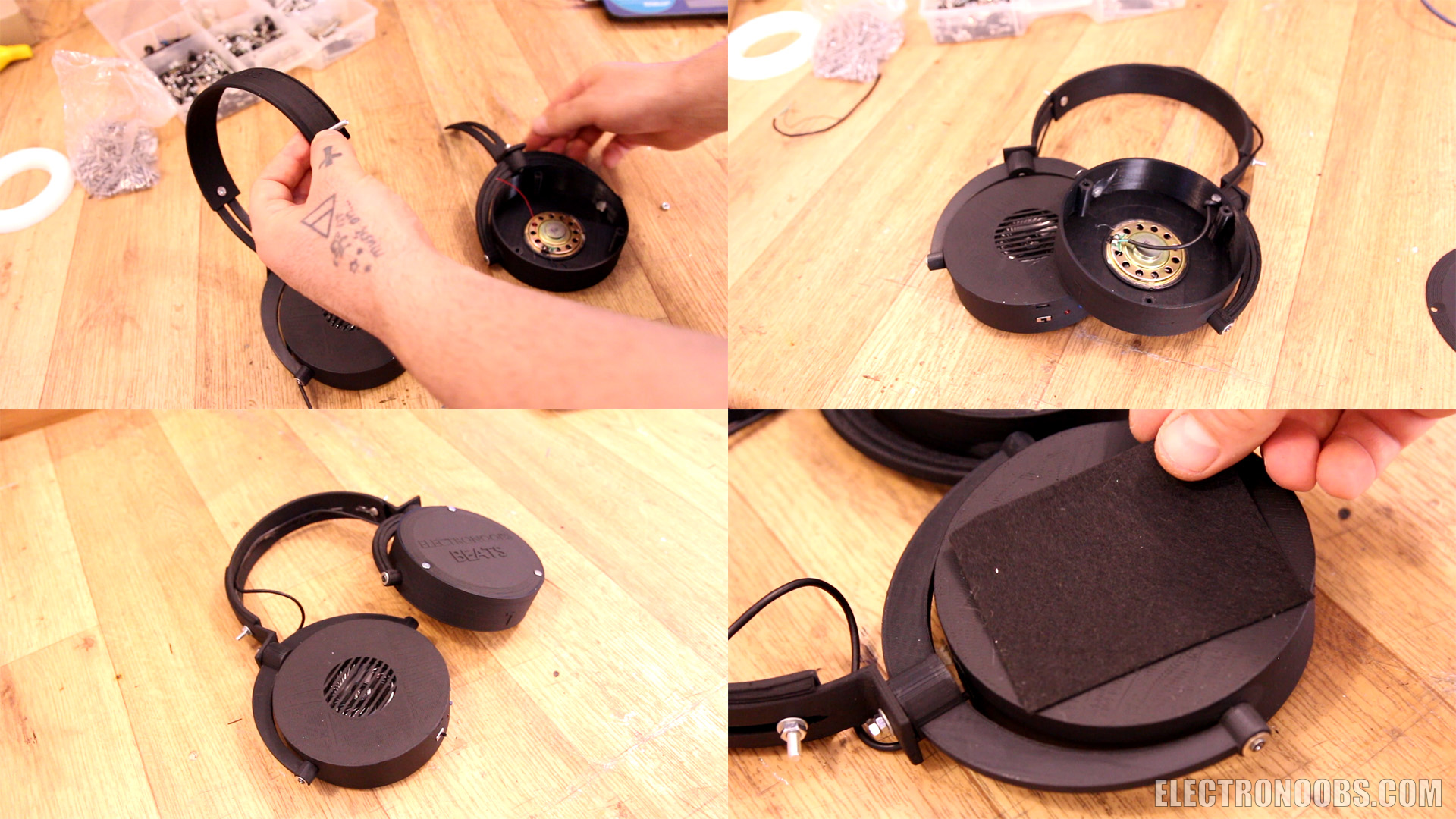 Homemade Bluetooth headphones in a 3?D?printed case, eliminating hiss from the original FM model.