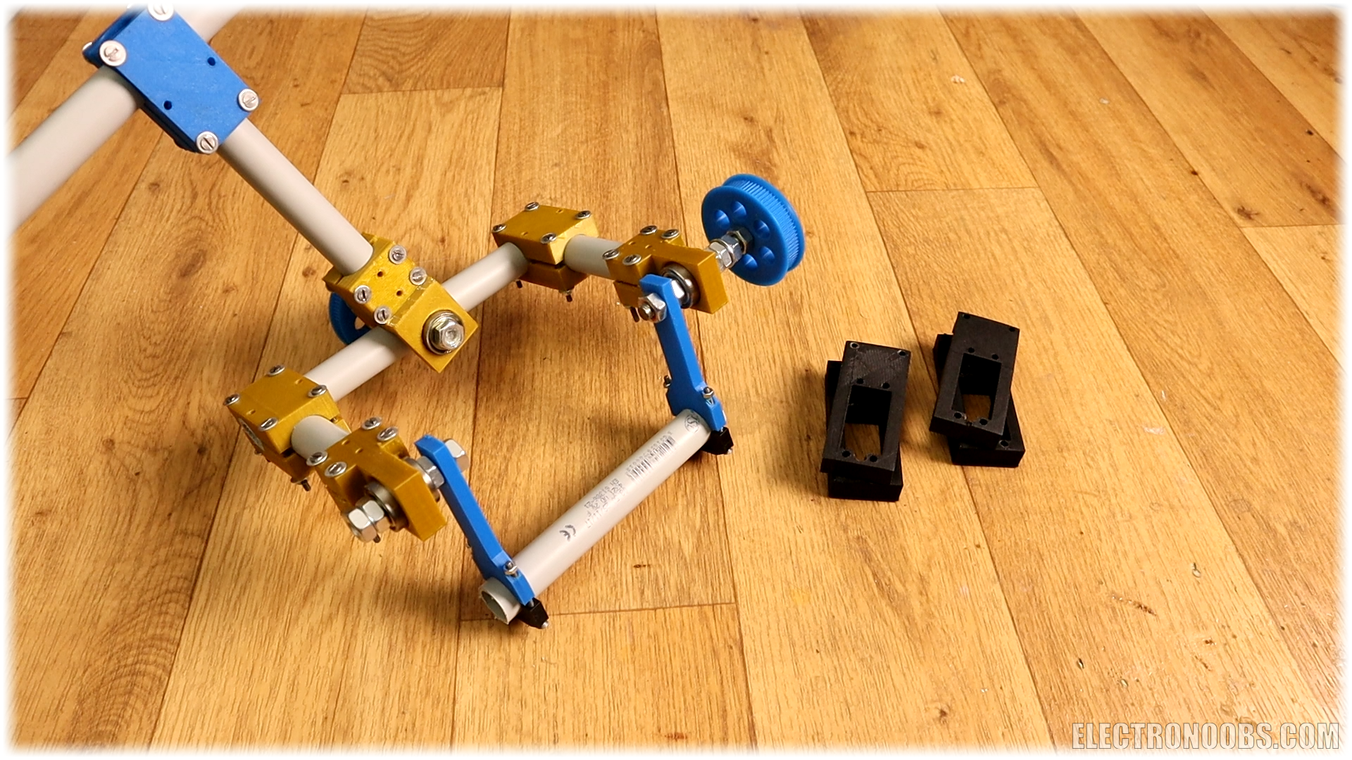 Diagram of a DIY gimbal with servos, showing schematics and 3D files for step 20 tutorial.