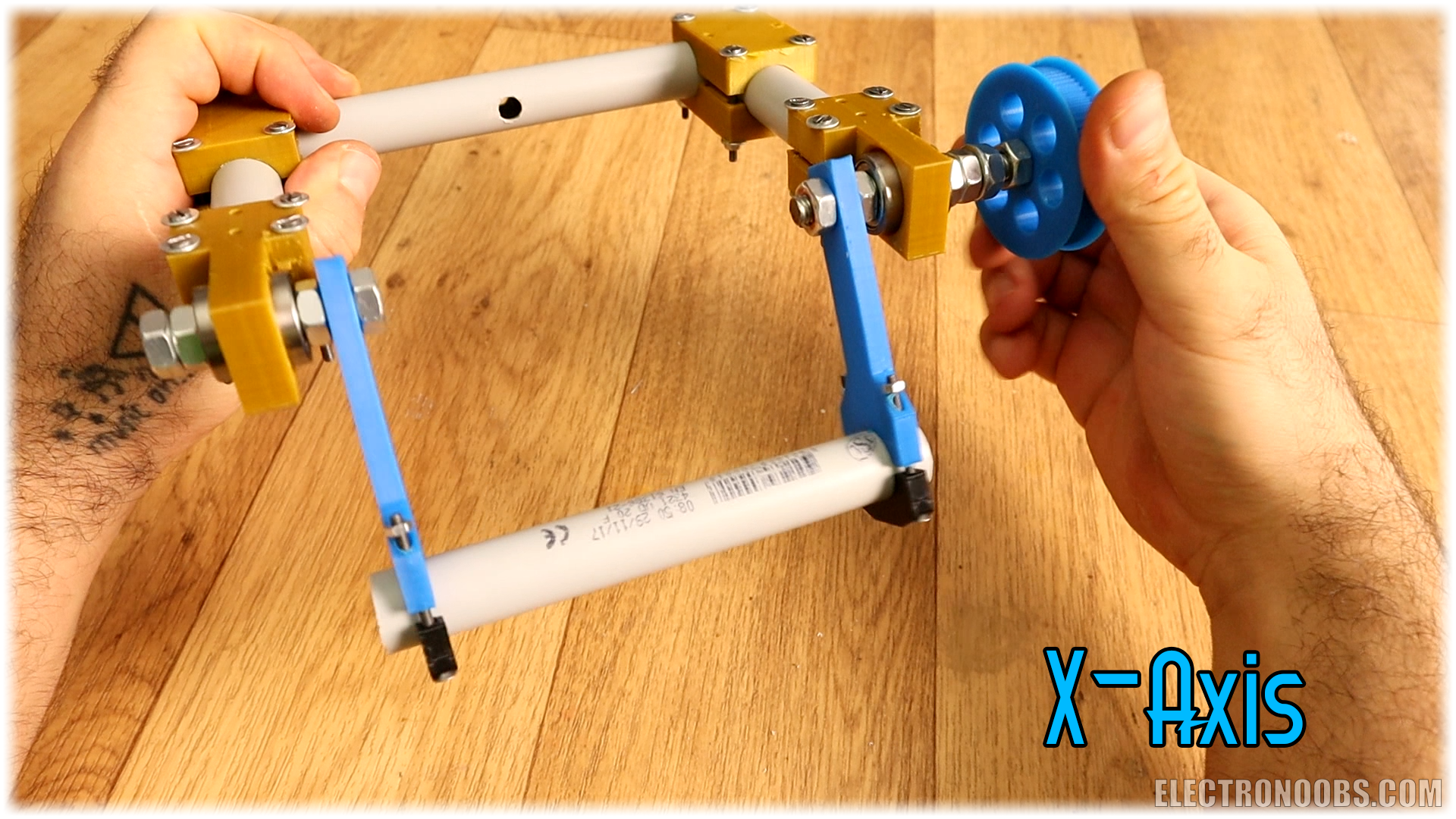 DIY gimbal tutorial step showing servo-driven design with schematics, code and 3D files.